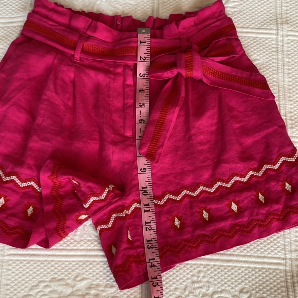 LOFT Linen Aztec High Waisted Belted Paper Bag Embroidered Shorts Pink Red White - Picture 9 of 13
